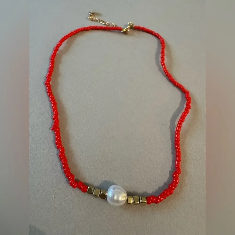 Red Beaded Necklace with Pearl Accent A1510